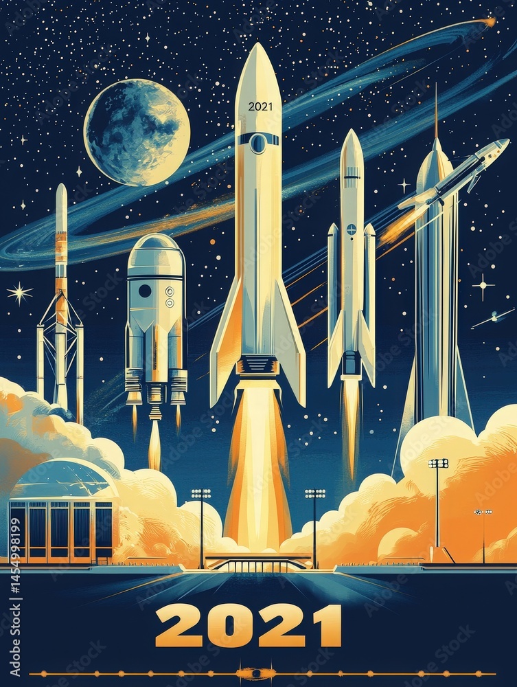 Multiple rockets are taking off into a starry night sky, showcasing various spacecraft types in a celebration of space exploration. The year 2021 is prominently displayed at the bottom.