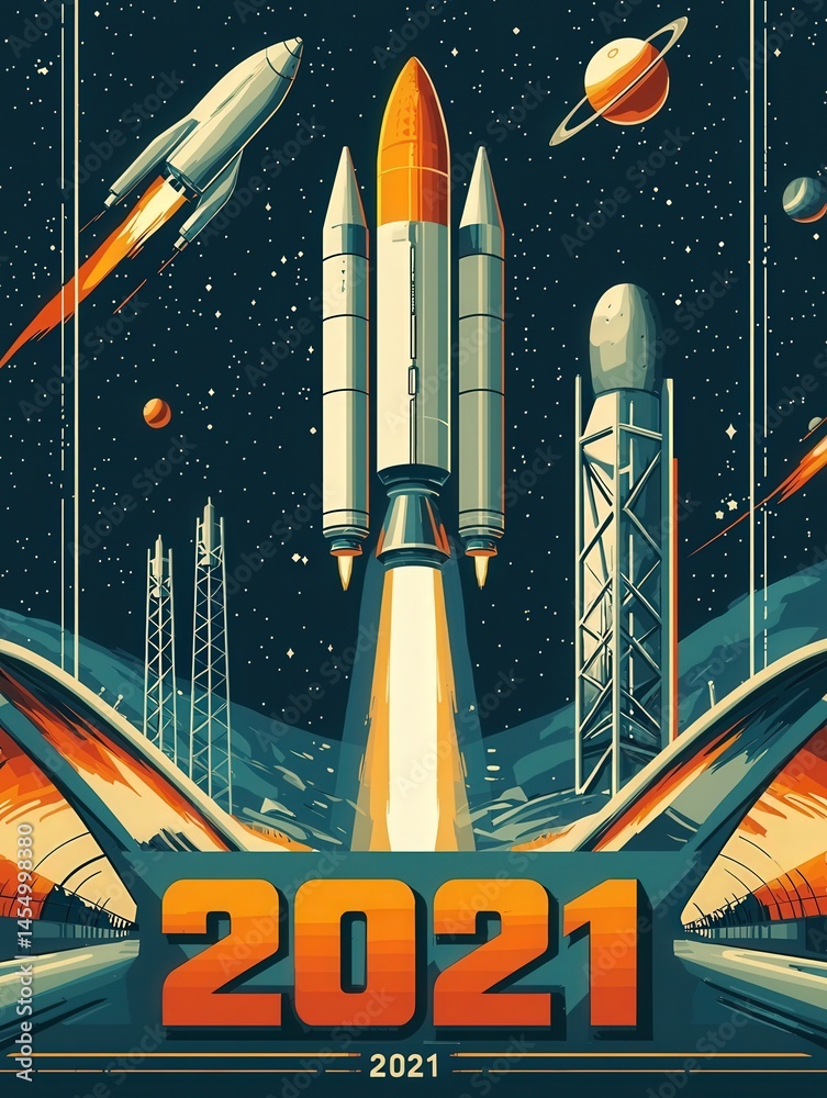 A futuristic rocket launching into space amidst planets and stars, showcasing an exciting blend of technology and exploration. The year 2021 is prominently displayed below.