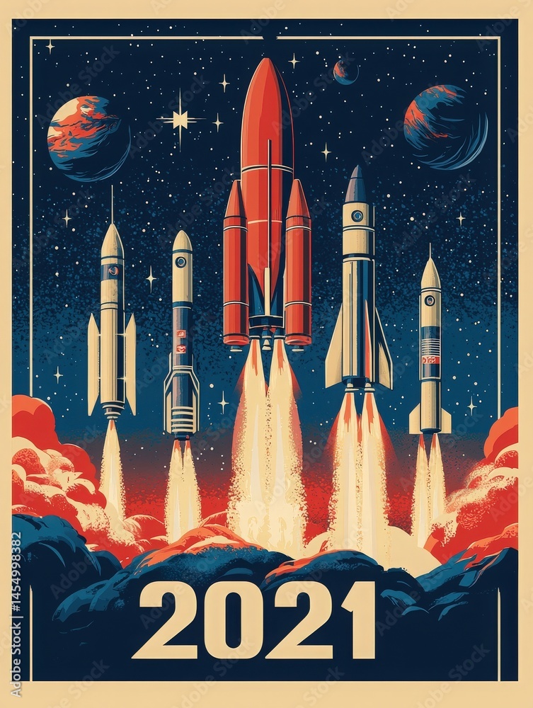Multiple rockets ascend powerfully from a cloud-covered surface against a starry sky. The artwork celebrates space exploration in 2021 with vibrant colors and dynamic design elements.