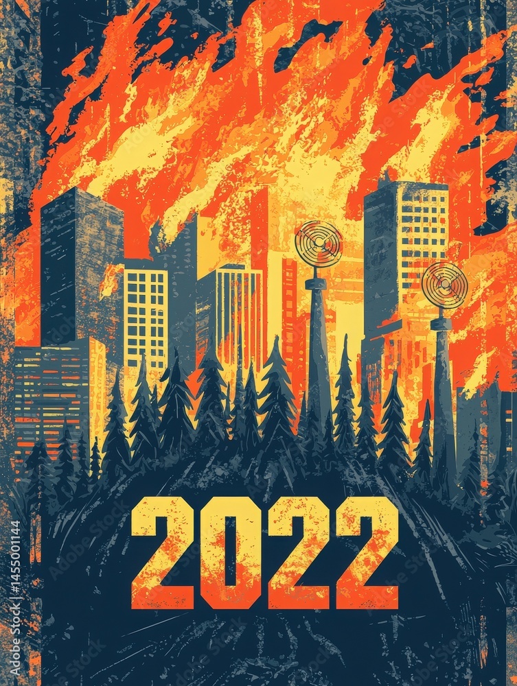 A dramatic artwork depicts a city skyline facing a fierce firestorm, with ominous flames consuming buildings and outlines of trees. Communication towers stand amidst the chaos in 2022.
