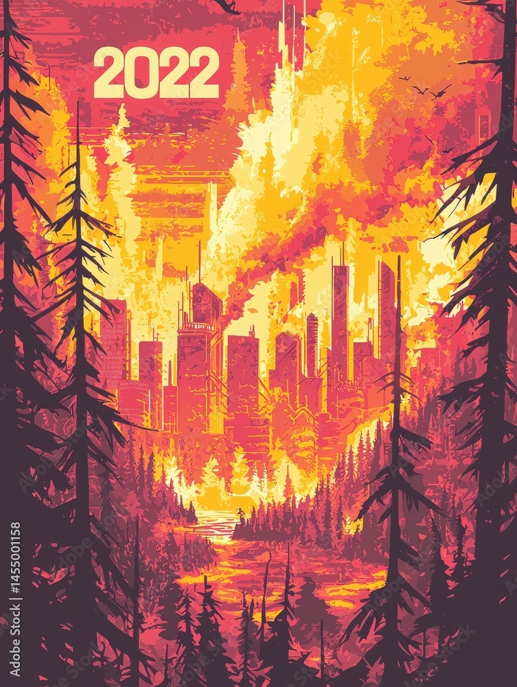 A dramatic urban skyline is illuminated by flames and smoke, surrounded by dense forests. The sunset casts an orange and yellow hue, intensifying the chaotic scene of fire in the year 2022.