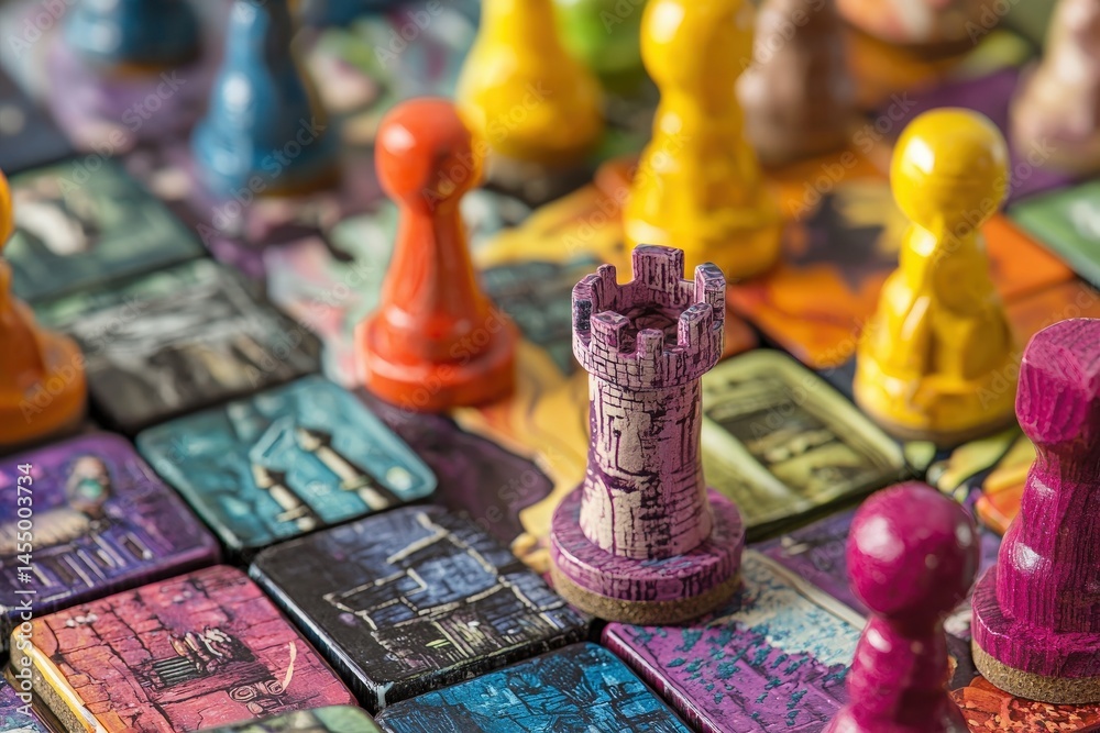 Brightly colored game pieces occupy a detailed board with various illustrations. Players prepare for an engaging strategy game filled with colorful challenges and tactical decisions.