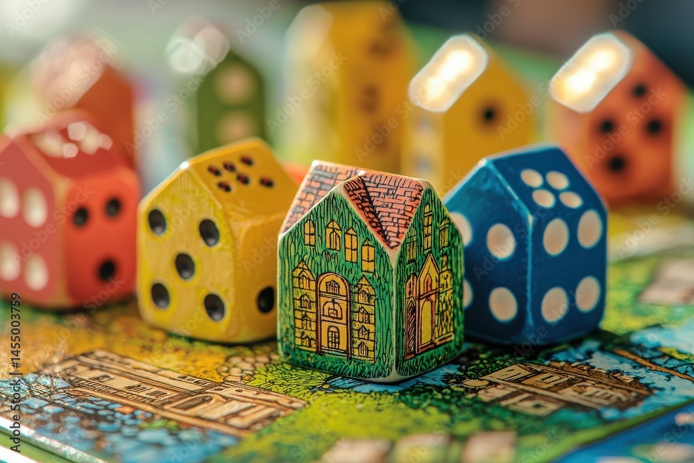 A vibrant game board is filled with colorful houses and dice, creating an inviting atmosphere for a friendly game night. The scene captures the excitement of strategic play and social interaction.