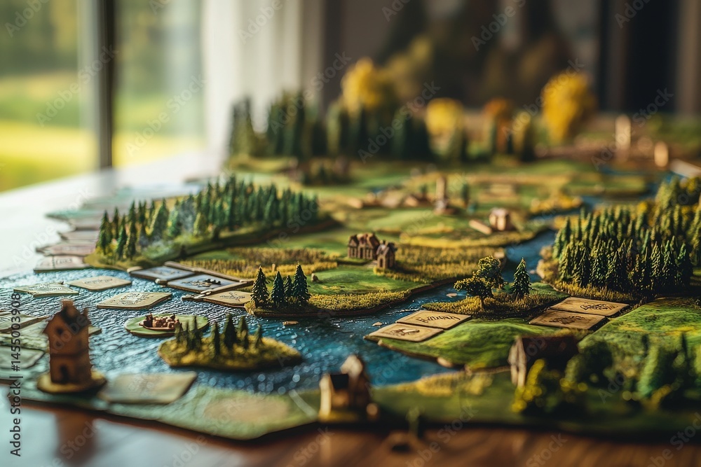 A beautifully crafted tabletop landscape features rivers, forests, and small houses. The warm light emphasizes the texture of the scene, creating a serene ambiance during daylight.