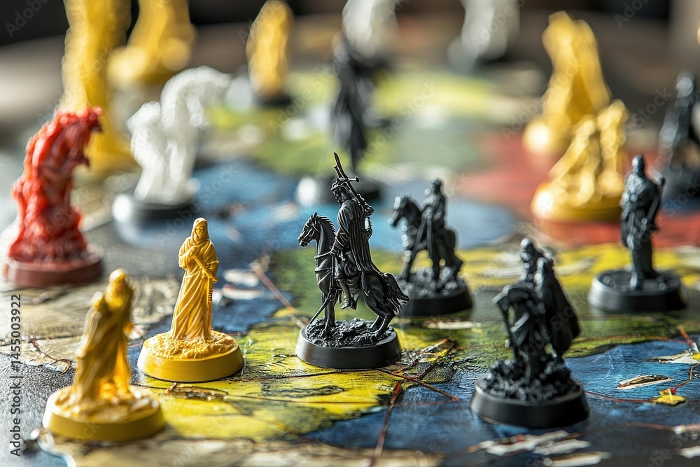 Miniature figures in various colors are positioned on a detailed board game map, depicting a strategic battle scene. Players engage in tactical moves across the maps vibrant designs.