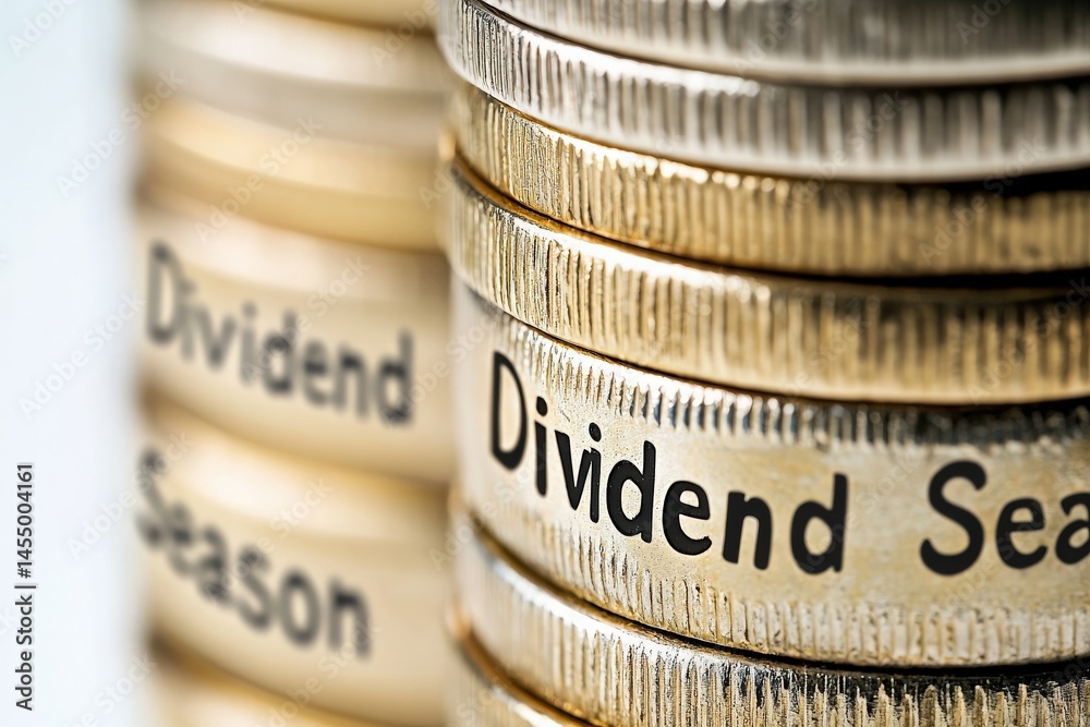 Close-up view of neatly stacked coins featuring the phrase Dividend Season.