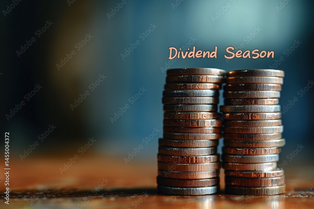 Several stacks of coins are displayed prominently on a wooden surface, symbolizing financial gain and investment growth during the dividend season, with a blurred background enhancing focus.