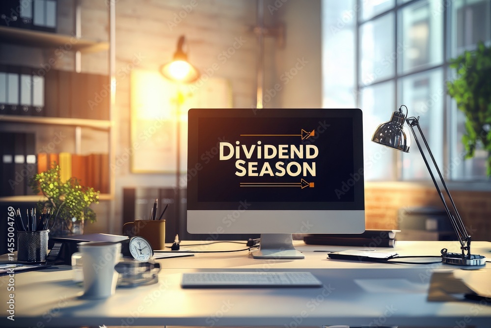 A modern office space features a desktop computer displaying the text Dividend Season.