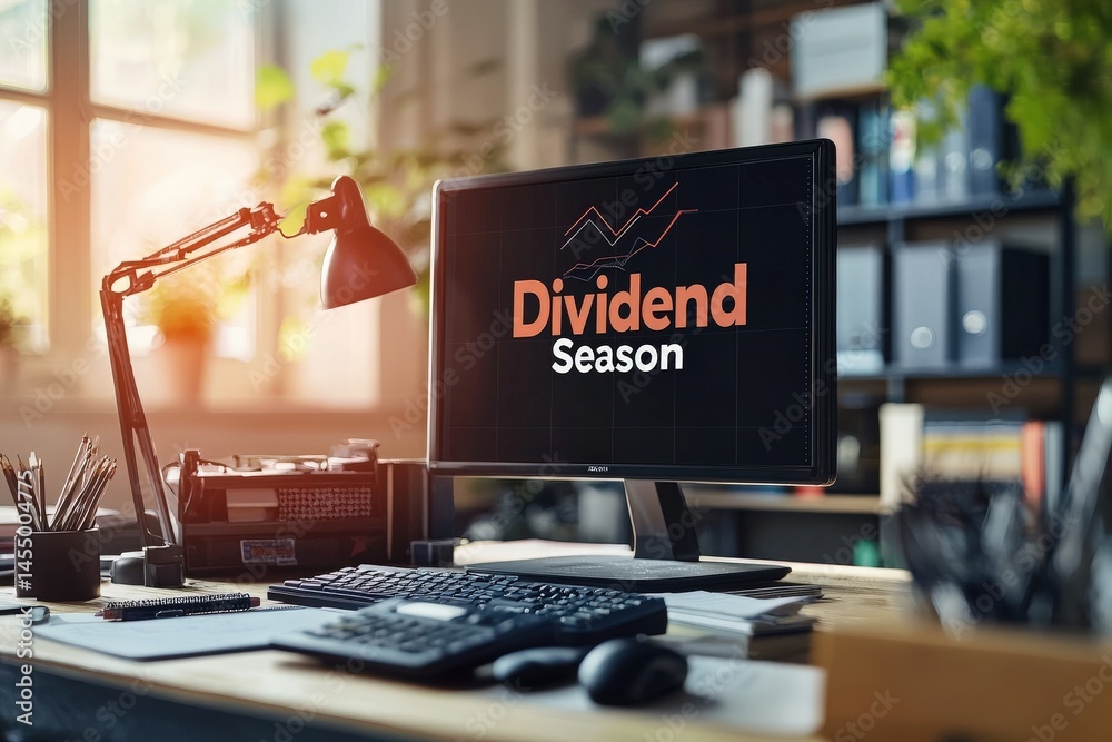 A modern office desk features a computer monitor showing the term Dividend Season with a financial graph. The workspace includes a desk lamp, stationery, and plants, creating a productive atmosphere.
