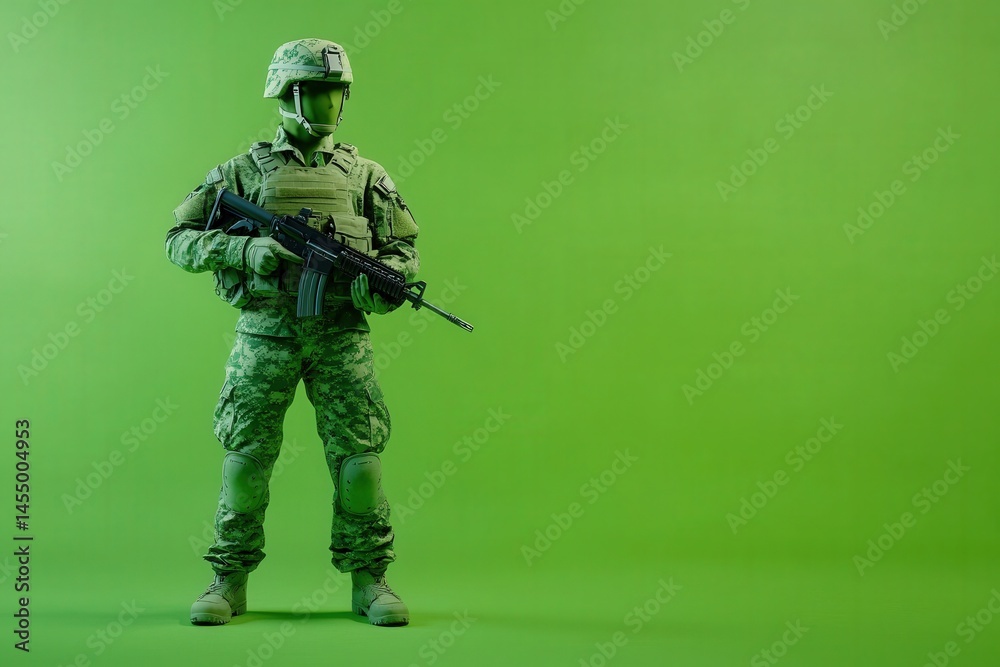 A soldier wearing camouflage uniform and helmet stands confidently holding a rifle. The bright green background creates a striking contrast, emphasizing the soldiers readiness and focus.