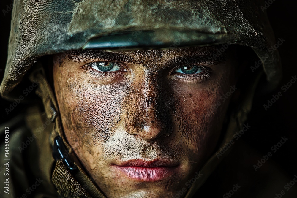 A young soldier displays a fierce expression, covered in mud and grime, with striking blue eyes. His worn helmet and dirty uniform hint at a recent battle, showcasing resilience and bravery.