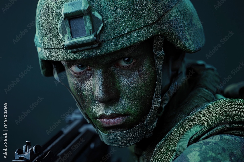 A soldier clad in camouflaged tactical gear focuses intensely, ready for an operation. The low light highlights their determined expression and the texture of the gear, creating a tense atmosphere.