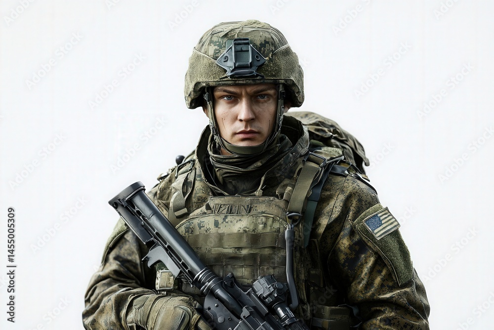 A soldier dressed in camouflage uniform and tactical gear poses with a firearm. The image captures a moment of focus and determination, highlighting military preparation and readiness.