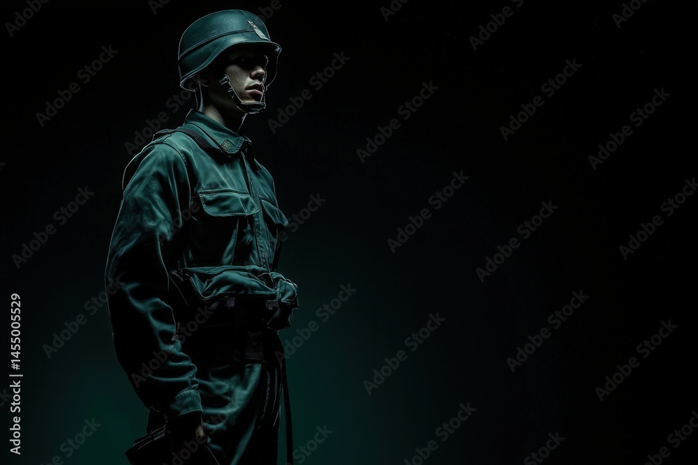 A detailed soldier statue stands solemnly against a dark background, highlighting themes of courage and sacrifice. The figure is adorned in military attire and portrays a moment of reflection.