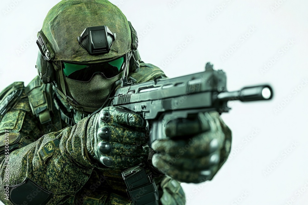 A soldier dressed in camouflage and tactical gear is aiming a firearm with concentration in a training environment. The setting emphasizes readiness and a serious demeanor.