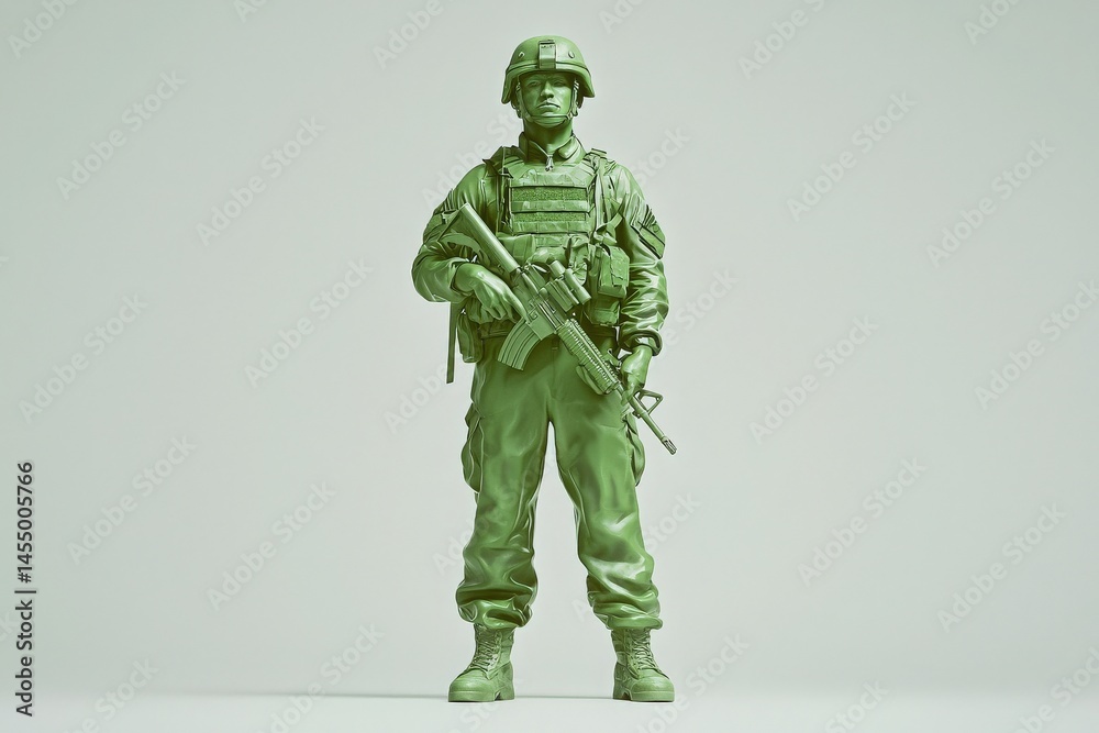 A green soldier figurine stands at attention, holding a rifle. The detailed design showcases military gear and emphasizes readiness, capturing the essence of a soldiers duty in a striking display.