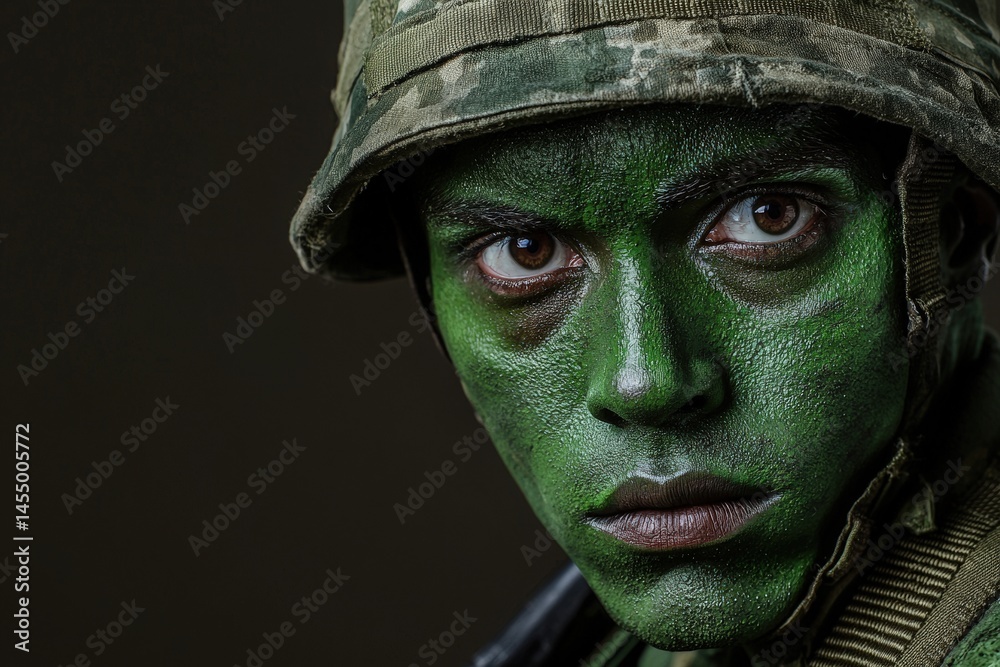A soldier wearing a helmet stares intensely into the distance, showcasing green camouflage face paint. The focus reflects commitment and readiness for military duties in a dark environment.