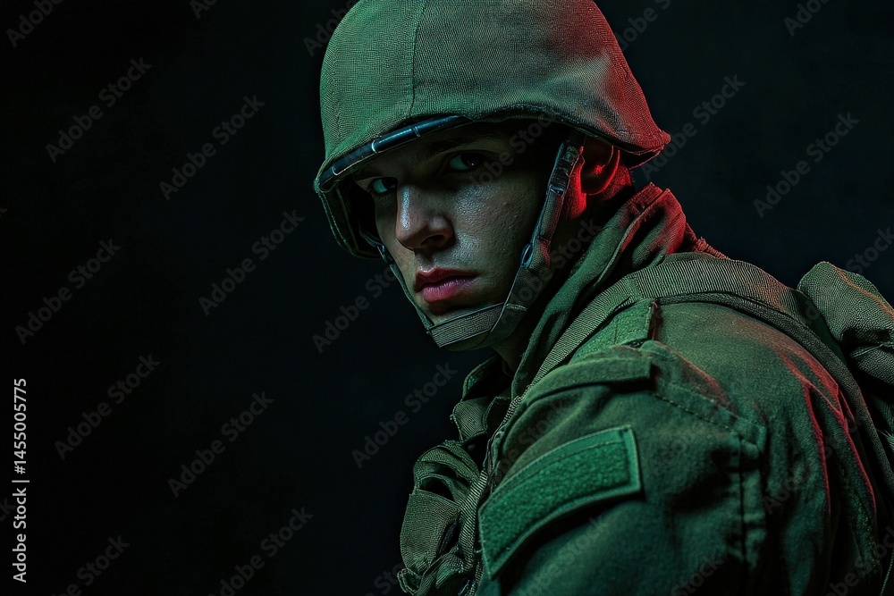 A soldier wears a green helmet and tactical uniform, displaying a serious expression. The strong contrast of red and green lighting adds intensity to the scene, enhancing the atmosphere of vigilance.