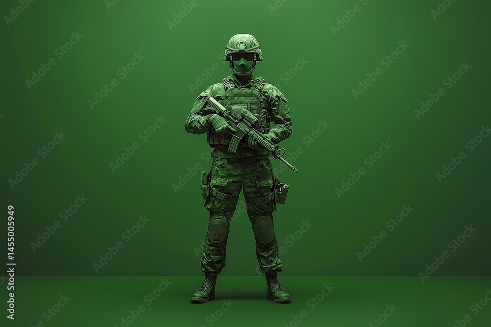 A soldier dressed in patterned tactical gear stands confidently holding a rifle.