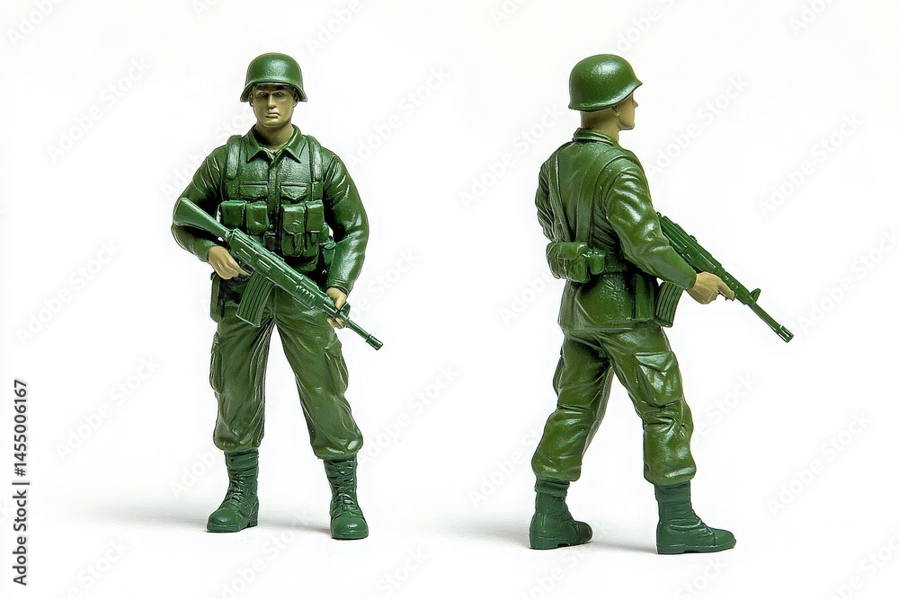 A green plastic soldier figurine shows two distinct poses, one holding a rifle and the other facing sideways. The figure features a helmet and military uniform, ideal for imaginative play scenarios.