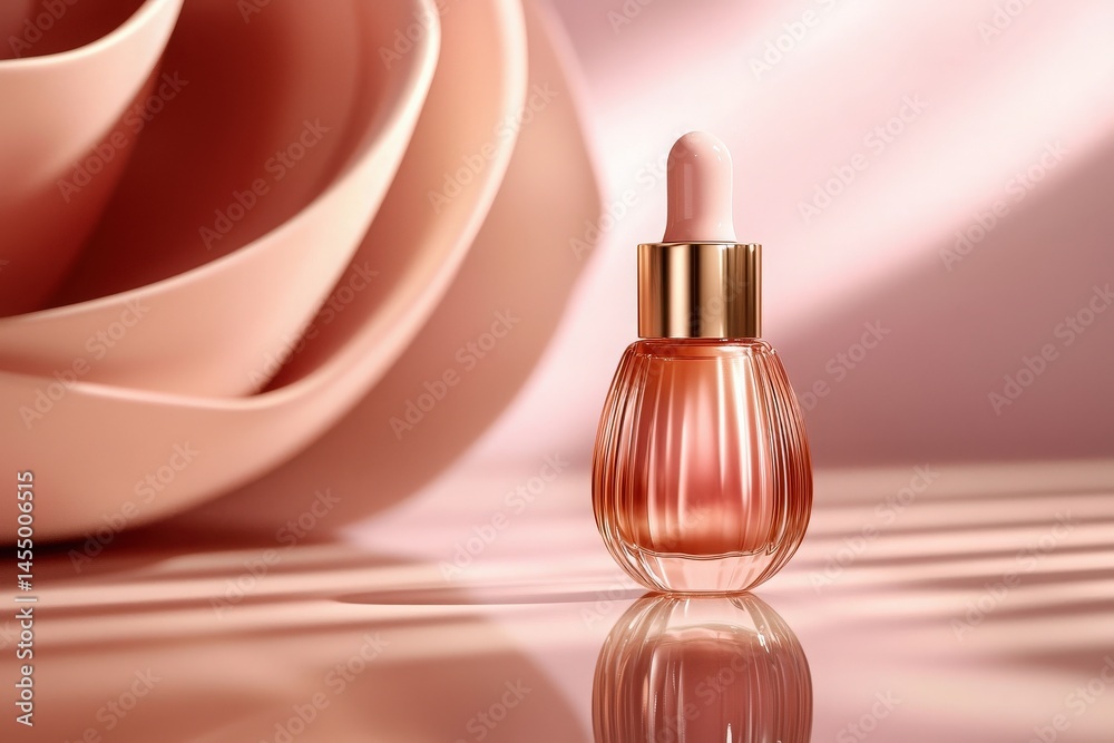 A delicate glass bottle containing a pink serum is positioned beside flowing rose petals. The soft lighting highlights the textures, creating a serene atmosphere.