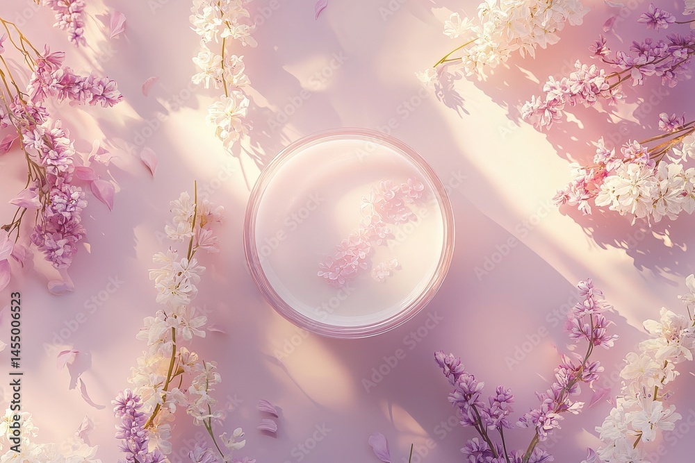 A round glass container holds a light liquid, surrounded by petals and flowers in shades of purple and white. The setting is softly lit, creating a calming atmosphere.
