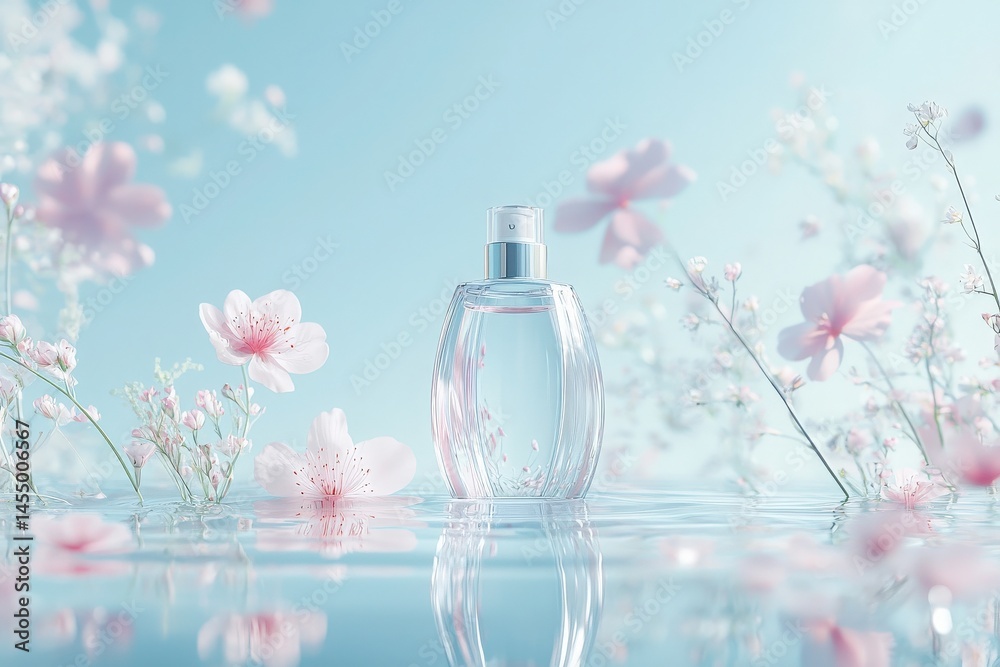 A clear perfume bottle stands gracefully amidst soft pink flowers and gentle blossoms, creating a tranquil atmosphere. The light blue background enhances the beauty of the floral arrangement.