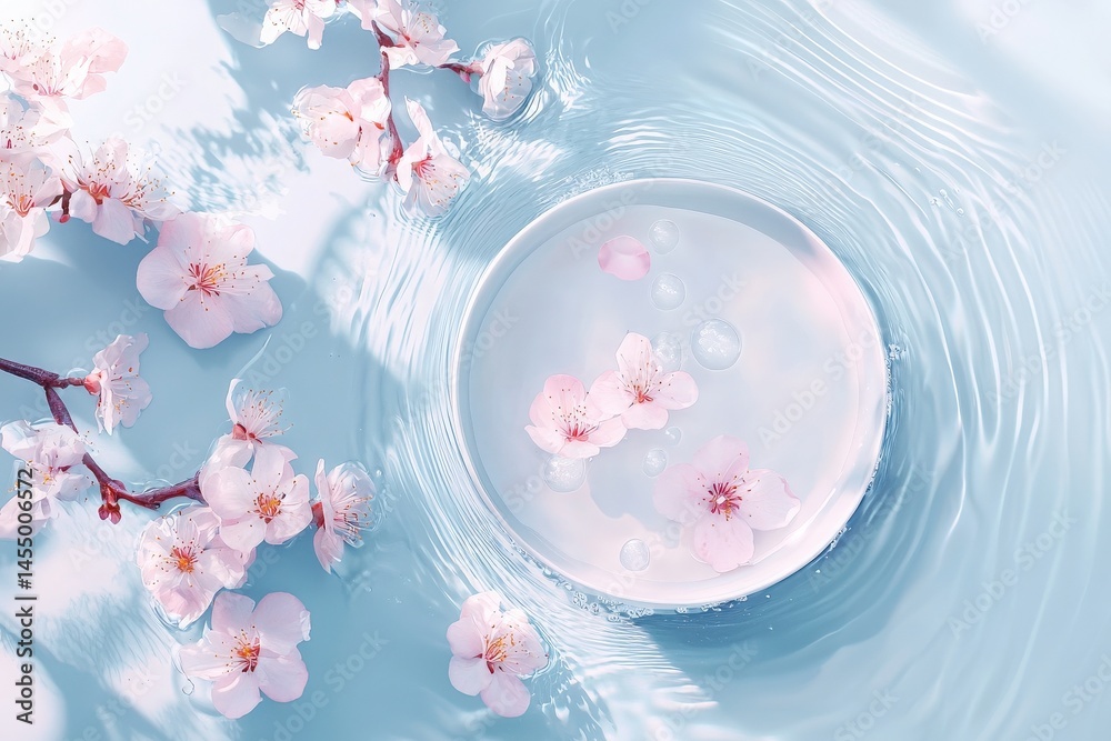 Delicate cherry blossom petals rest upon the surface of a shallow dish filled with clear water. Soft ripples form around them, creating a peaceful and tranquil atmosphere.