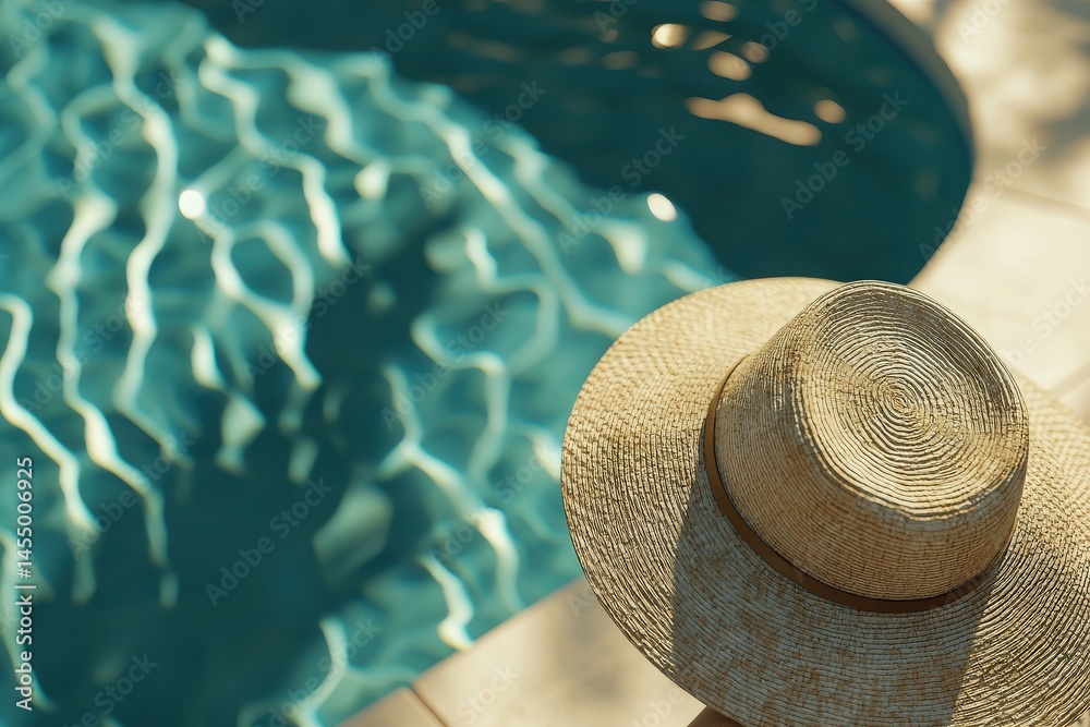 Sunlight reflects off the clear blue water of a swimming pool, creating gentle ripples. A straw hat rests nearby, suggesting a leisurely afternoon spent outdoors.