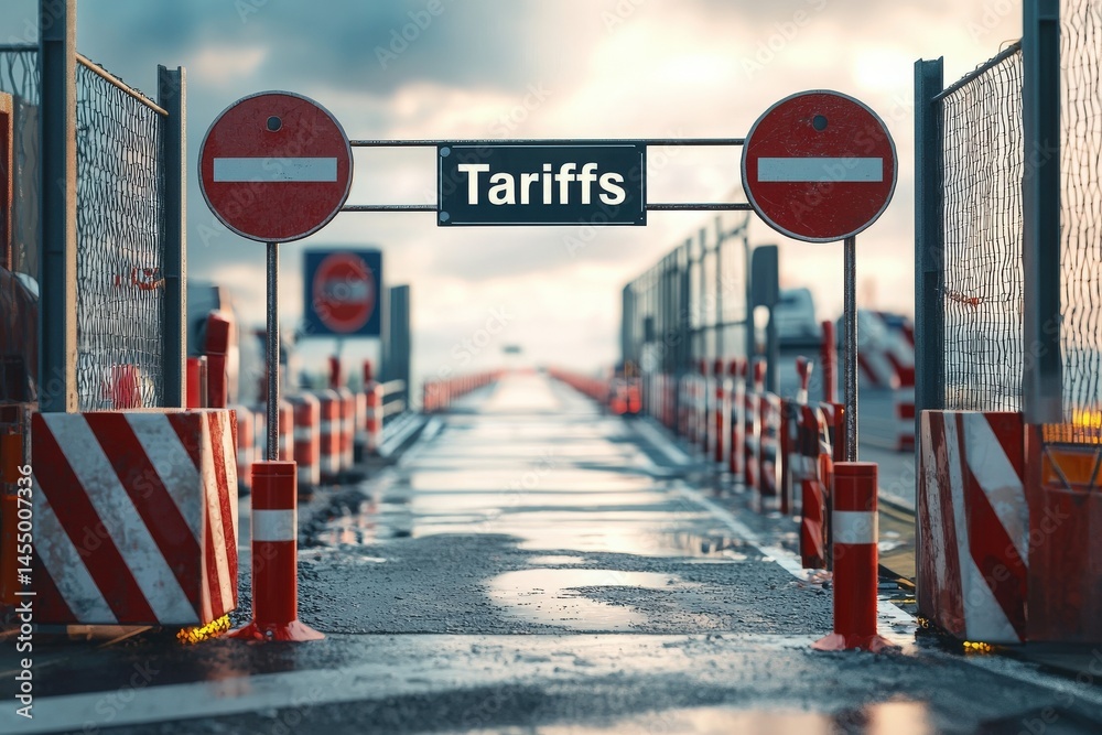 A road checkpoint with a prominent tariffs sign stands under a moody, cloudy sky. Wet ground reflects lights as barriers and cones line the approach, indicating a busy border crossing.