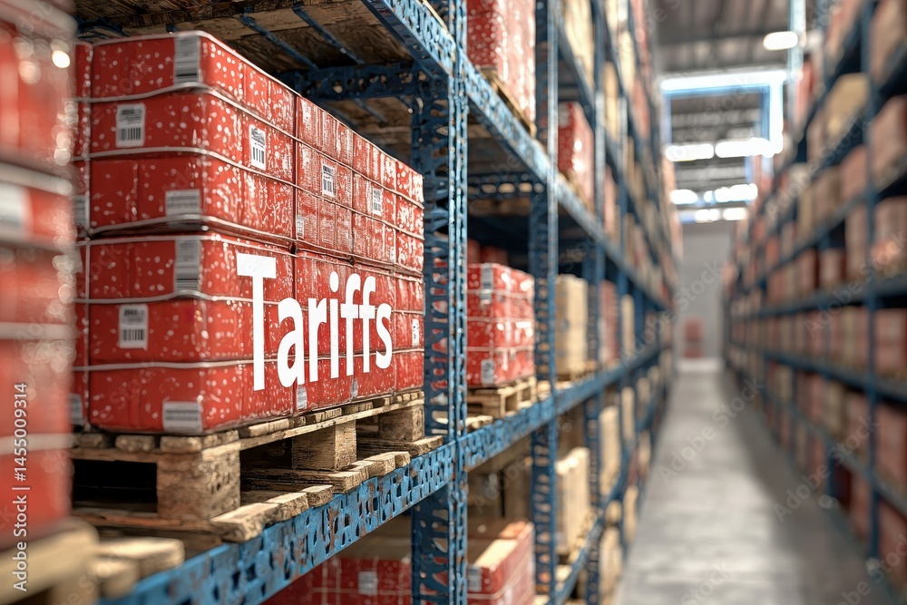 Shelves filled with red crates in a warehouse show the word Tariffs prominently displayed. This illustrates the influence of trade policies on stored items and inventory management.