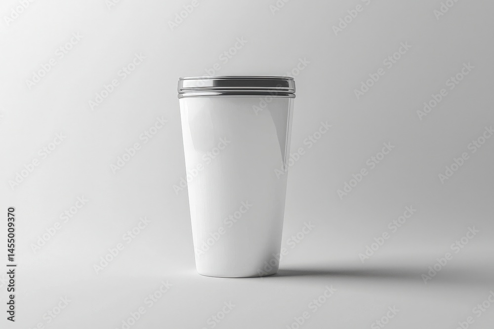 A plain white travel mug with a sleek silver lid stands upright on a smooth light gray surface. The design is minimalistic, appealing to modern aesthetics.