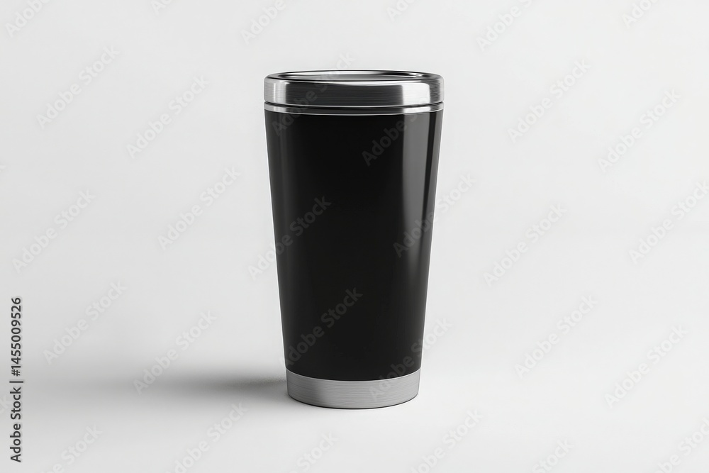 A sleek black stainless steel travel mug stands upright against a simple white background, showcasing its modern design and silver bottom. Ideal for hot beverages on the go.