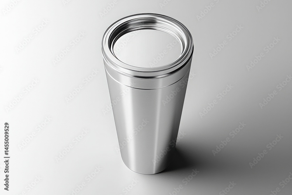 A stainless steel travel mug sits upright on a smooth gray surface, reflecting bright light. Its modern design features a clean, polished exterior with a wide opening at the top.