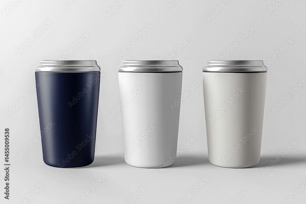 Three modern beverage containers are displayed side by side. The first is black, the second is white, and the third is gray, highlighting a sleek and minimalistic design.