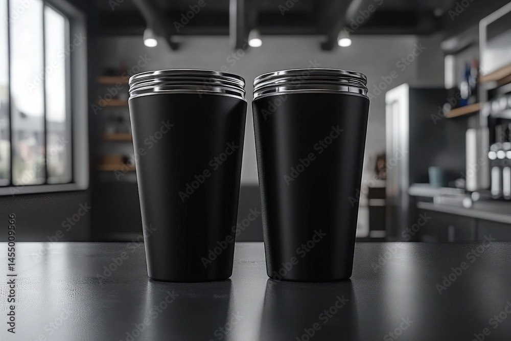 Two sleek black coffee cups are placed on a dark countertop in a contemporary cafe. Natural light pours in from large windows, highlighting the minimalist design of the space.