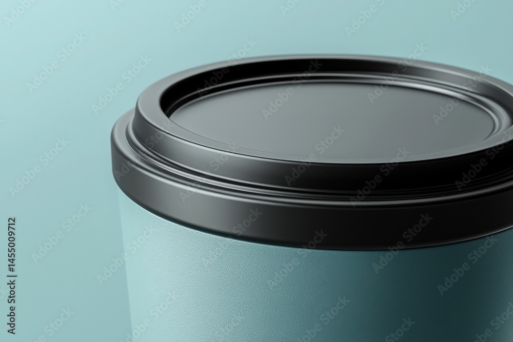 A sleek teal coffee cup features a black lid, placing emphasis on its minimalist design. The backdrop is a light, neutral tone, highlighting the cups modern aesthetic and clean lines.