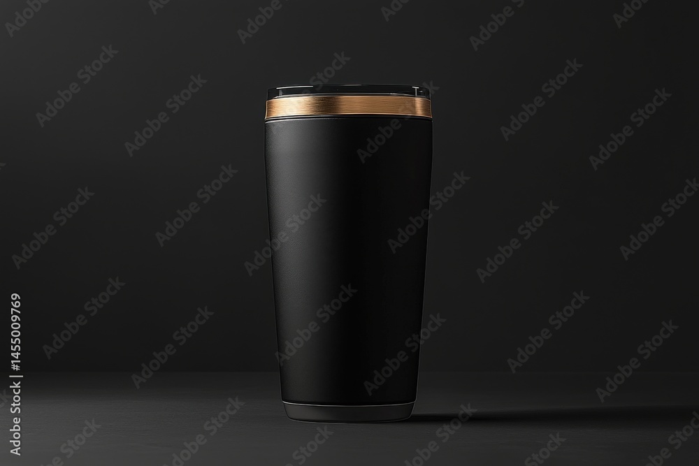 A black tumbler stands upright against a dark backdrop, showcasing its smooth surface and elegant gold rim. The design highlights modern aesthetics and functionality.