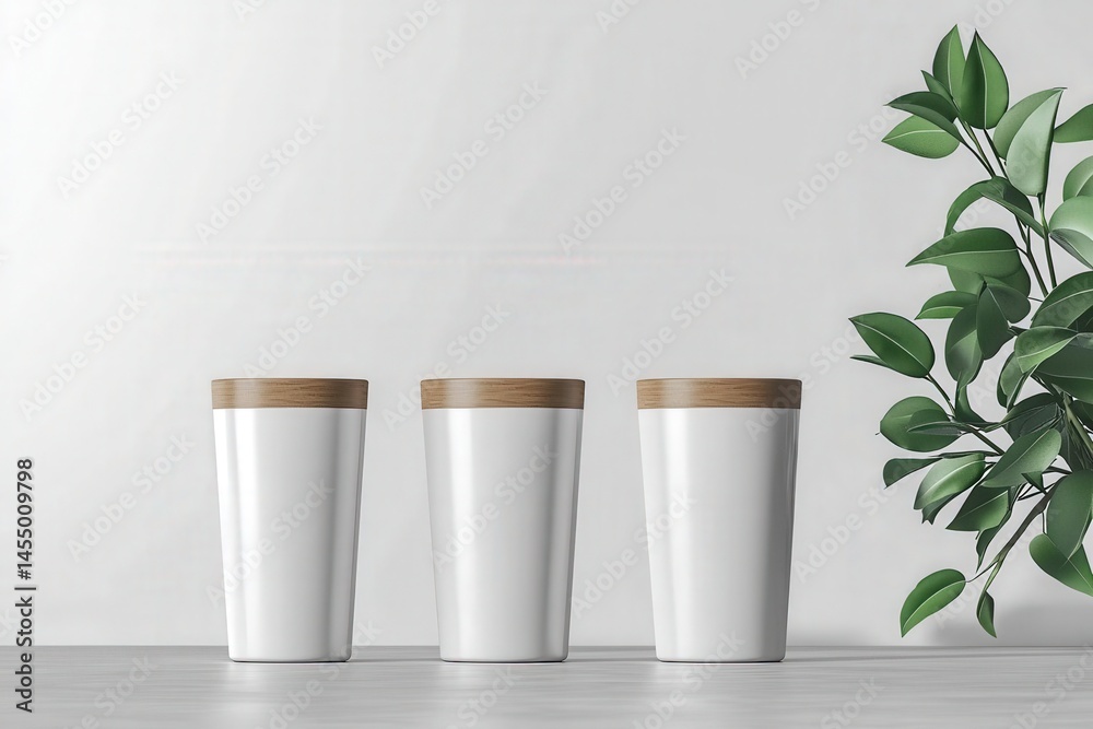 Three elegant white cups with wooden lids are positioned on a light-colored surface, accompanied by a green plant in the background, creating a modern and minimalistic aesthetic.