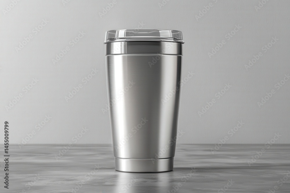 A sleek stainless steel travel mug stands upright on a smooth surface, with a transparent lid positioned atop. The minimalist backdrop highlights its shiny exterior, perfect for on-the-go beverages.