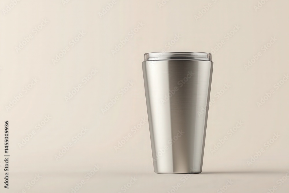A polished stainless steel cup is prominently displayed against a soft, neutral backdrop. Its modern design is ideal for enjoying hot drinks.