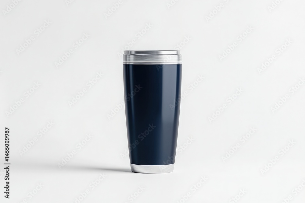 A stylish travel mug stands upright, featuring a sleek black exterior and a shiny silver lid. The minimalist design is set against a plain white background, emphasizing its modern aesthetic.