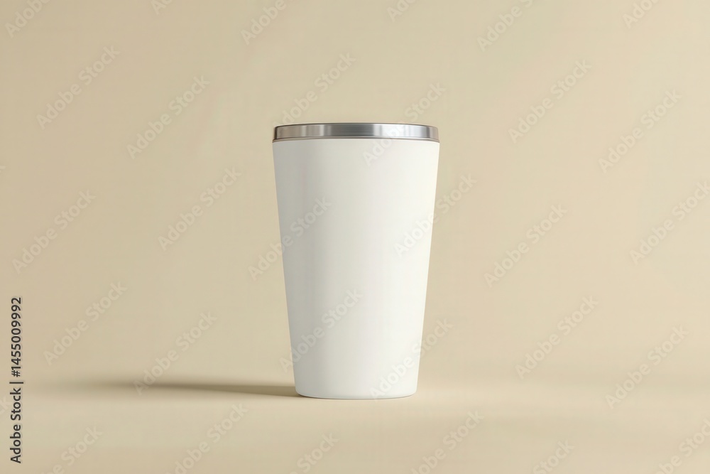 A white tumbler stands upright on a soft neutral surface. The tumbler features a sleek, minimalist design and a metallic lid, creating an elegant and functional look for beverages.