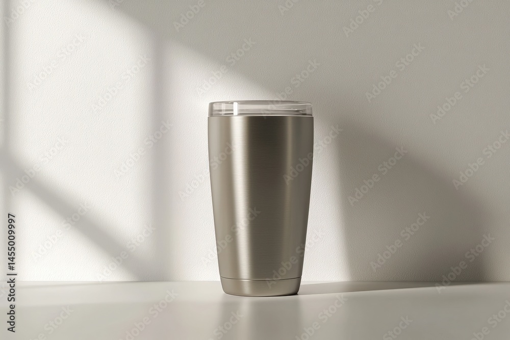 A stainless steel tumbler stands upright on a smooth countertop. Soft sunlight filters in, creating gentle shadows that enhance the objects sleek design and modern aesthetic.