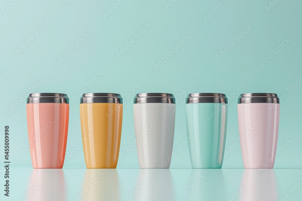 Five reusable mugs in pastel colors are neatly arranged in a row on a smooth surface, reflecting light. The soft background adds a calming atmosphere to the display.