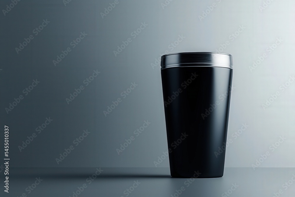 A sleek black tumbler stands on a smooth surface, showcasing its simple yet elegant design. The soft gray backdrop emphasizes its modern aesthetic, creating a serene atmosphere.