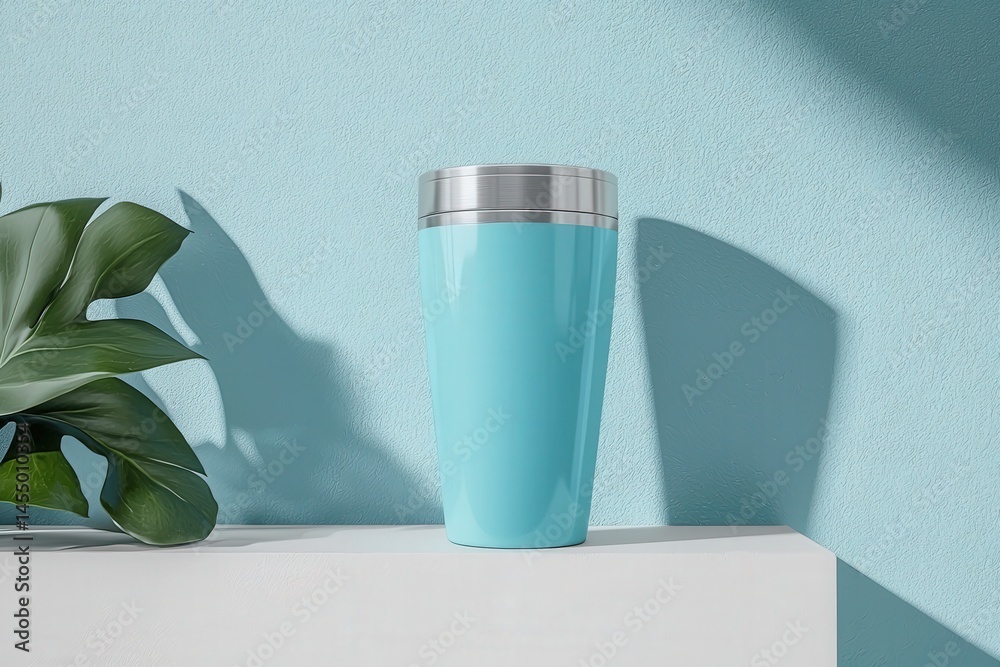 A bright turquoise tumbler sits on a white surface beside a green plant. The pastel blue wall adds a soft background, creating a fresh and inviting atmosphere with gentle shadows.
