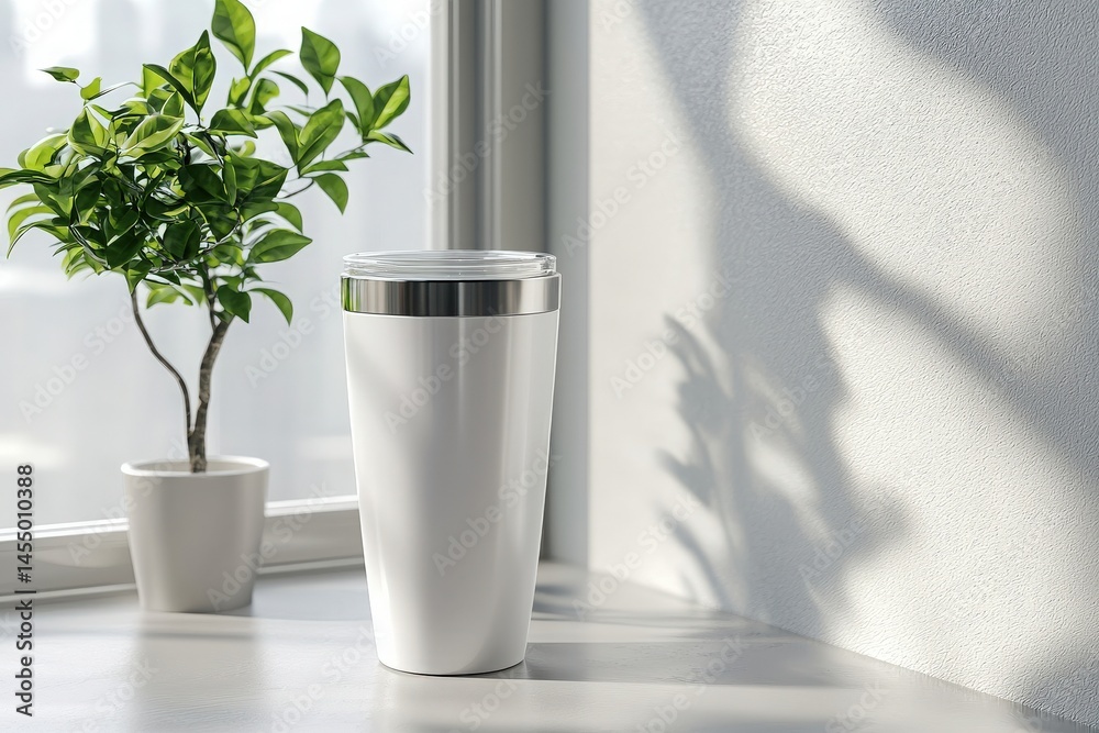 A sleek white travel mug sits on a light surface in a contemporary workspace, beside a small potted plant. Sunlight casts soft shadows, creating a peaceful ambiance.