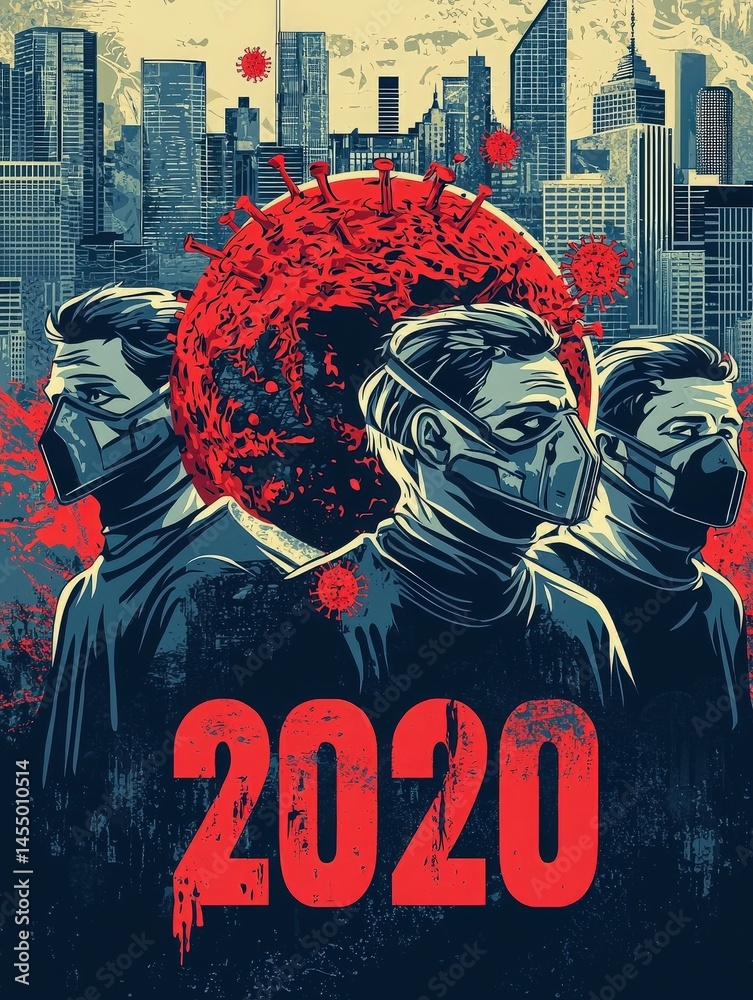 Three masked figures stand prominently in front of a city skyline, symbolizing the challenges faced during 2020.
