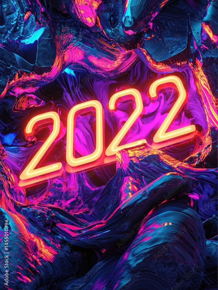 Neon numbers spelling 2022 glow vibrantly against a textured background of swirling colors. The composition radiates energy and modern design, emphasizing a futuristic feel and artistic expression.